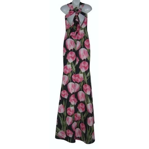 Va Va Voom Dress Long Tulip Flower Floral Cottagecore Long Black Pink Romantic M - Picture 5 of 16